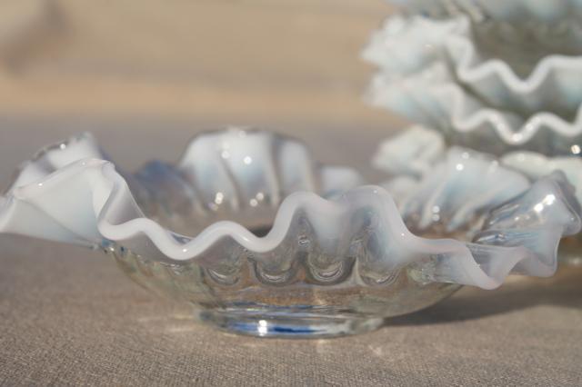 photo of vintage Fenton french opalescent glass bonbon dishes, moonstone white edged crimped ruffled bowls #8