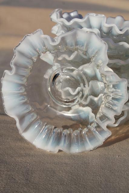 photo of vintage Fenton french opalescent glass bonbon dishes, moonstone white edged crimped ruffled bowls #9