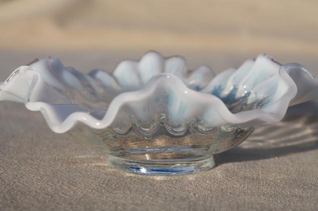 photo of vintage Fenton french opalescent glass bonbon dishes, moonstone white edged crimped ruffled bowls #10