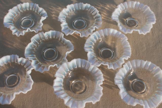 photo of vintage Fenton french opalescent glass bonbon dishes, moonstone white edged crimped ruffled bowls #11