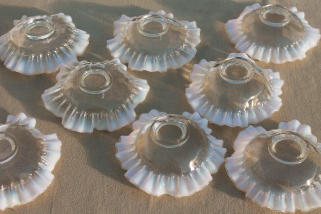 photo of vintage Fenton french opalescent glass bonbon dishes, moonstone white edged crimped ruffled bowls #12