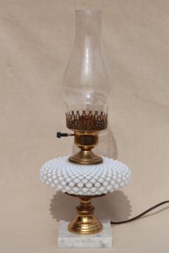 catalog photo of vintage Fenton french opalescent hobnail moonstone glass table lamp w/ chimney shade