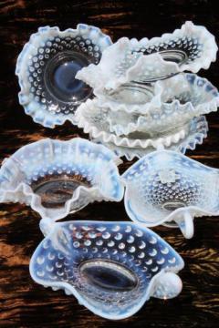 catalog photo of vintage Fenton french opalescent moonstone glass crimped ruffle dishes & bowls