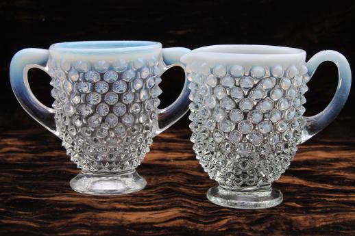 photo of vintage Fenton french opalescent moonstone glass footed cream pitcher & sugar sets #2