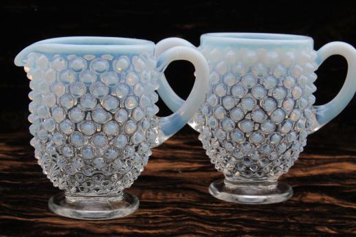 photo of vintage Fenton french opalescent moonstone glass footed cream pitcher & sugar sets #3