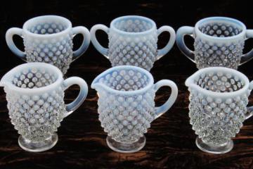 catalog photo of vintage Fenton french opalescent moonstone glass footed cream pitcher & sugar sets