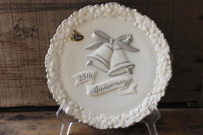 photo of vintage Fenton glass 25th Silver Anniversary frosted white milk glass plate, hand painted #1