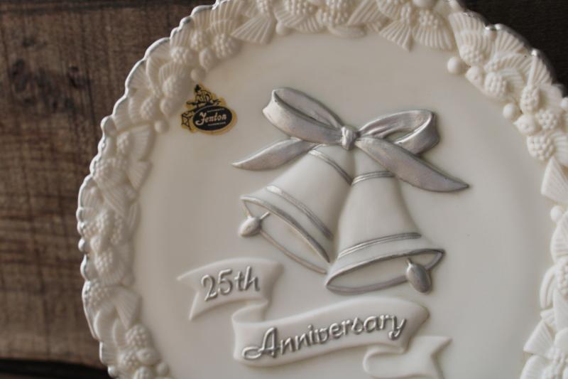 photo of vintage Fenton glass 25th Silver Anniversary frosted white milk glass plate, hand painted #2