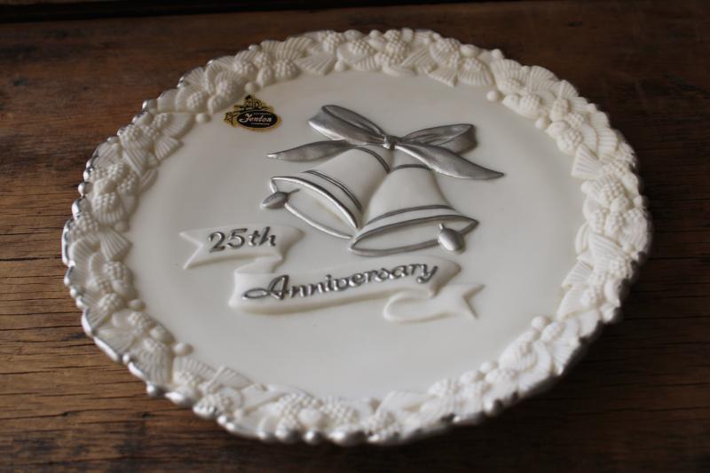 photo of vintage Fenton glass 25th Silver Anniversary frosted white milk glass plate, hand painted #4