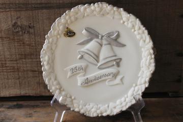catalog photo of vintage Fenton glass 25th Silver Anniversary frosted white milk glass plate, hand painted