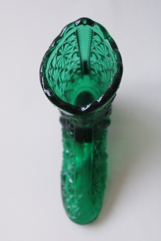photo of vintage Fenton glass boot figurine or tiny vase, daisy & button pattern spruce green glass #2