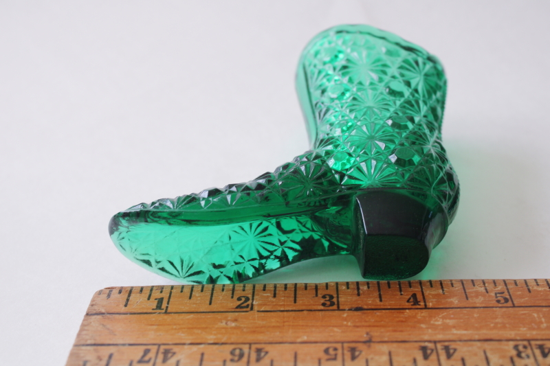 photo of vintage Fenton glass boot figurine or tiny vase, daisy & button pattern spruce green glass #3