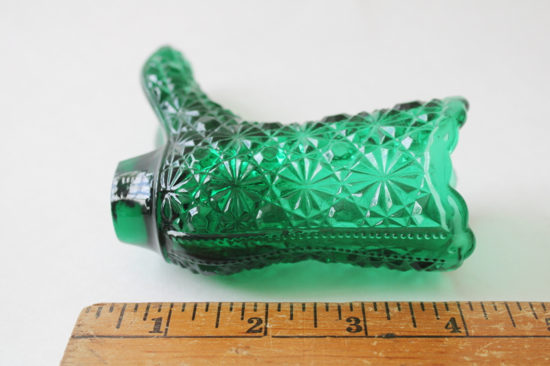 photo of vintage Fenton glass boot figurine or tiny vase, daisy & button pattern spruce green glass #4