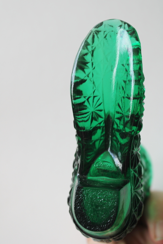 photo of vintage Fenton glass boot figurine or tiny vase, daisy & button pattern spruce green glass #5