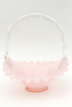 catalog photo of vintage Fenton glass brides basket, rosalene pink overlay cased hand blown glass