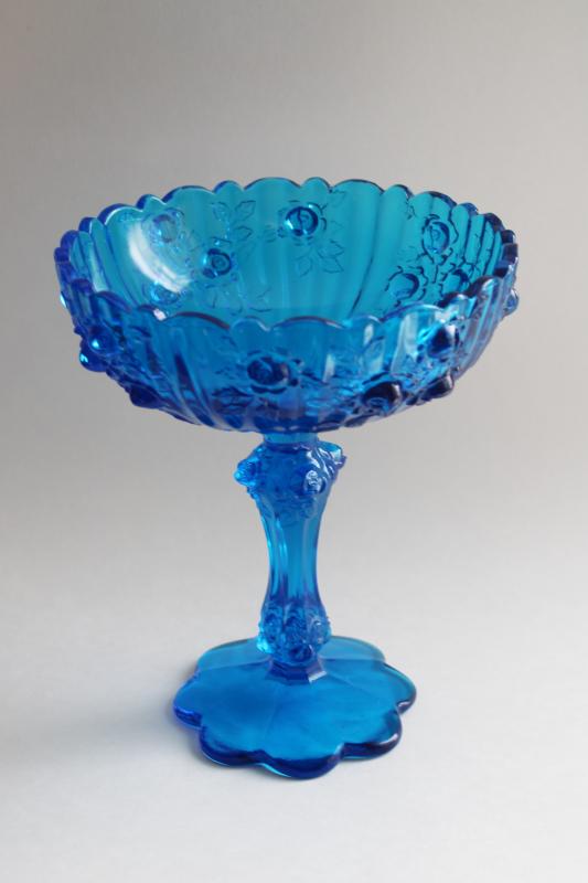 photo of vintage Fenton glass cabbage rose pattern compote bowl, blue glass candy dish #1