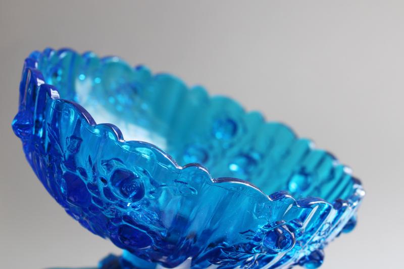 photo of vintage Fenton glass cabbage rose pattern compote bowl, blue glass candy dish #3