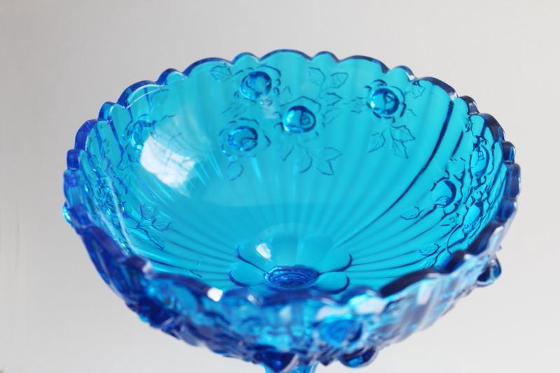 photo of vintage Fenton glass cabbage rose pattern compote bowl, blue glass candy dish #5