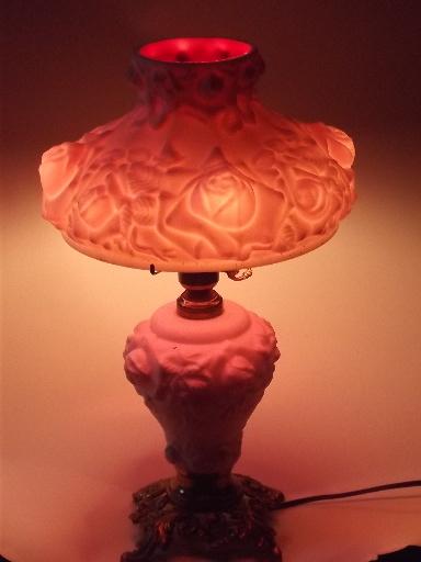 photo of vintage Fenton glass lamp, puffy roses cranberry cased white milk  glass lamp  #1