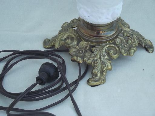 photo of vintage Fenton glass lamp, puffy roses cranberry cased white milk  glass lamp  #2