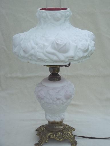 photo of vintage Fenton glass lamp, puffy roses cranberry cased white milk  glass lamp  #5