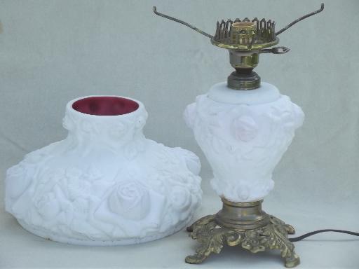 photo of vintage Fenton glass lamp, puffy roses cranberry cased white milk  glass lamp  #7