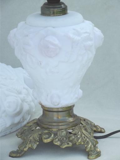 photo of vintage Fenton glass lamp, puffy roses cranberry cased white milk  glass lamp  #8