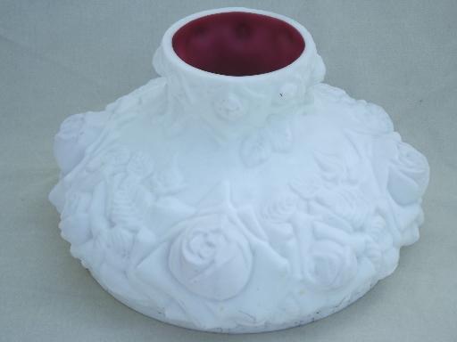 photo of vintage Fenton glass lamp, puffy roses cranberry cased white milk  glass lamp  #9