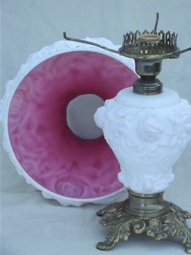 photo of vintage Fenton glass lamp, puffy roses cranberry cased white milk  glass lamp  #10