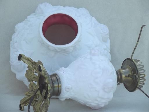 photo of vintage Fenton glass lamp, puffy roses cranberry cased white milk  glass lamp  #11