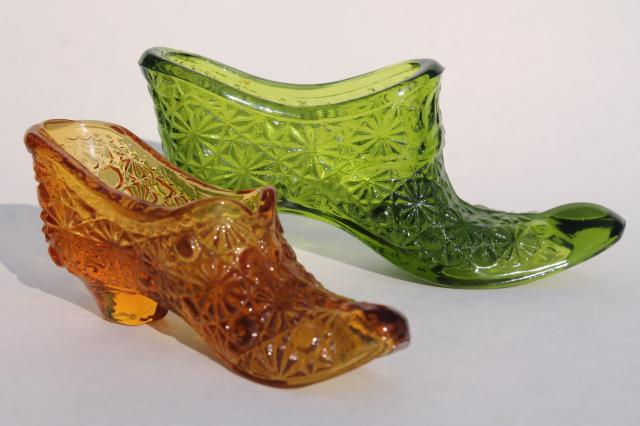 photo of vintage Fenton glass shoes, daisy and button pattern glass, amber & green #1