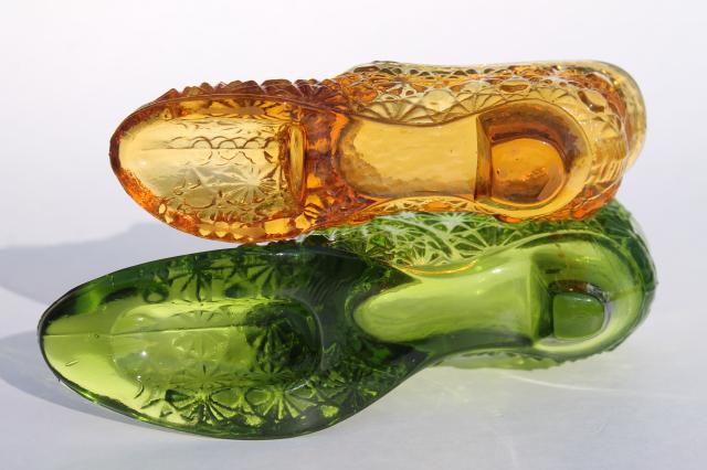 photo of vintage Fenton glass shoes, daisy and button pattern glass, amber & green #7