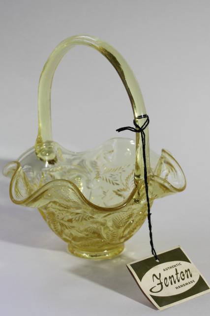 photo of vintage Fenton glass strawberry basket, wild strawberries pattern topaz yellow colored glass #1