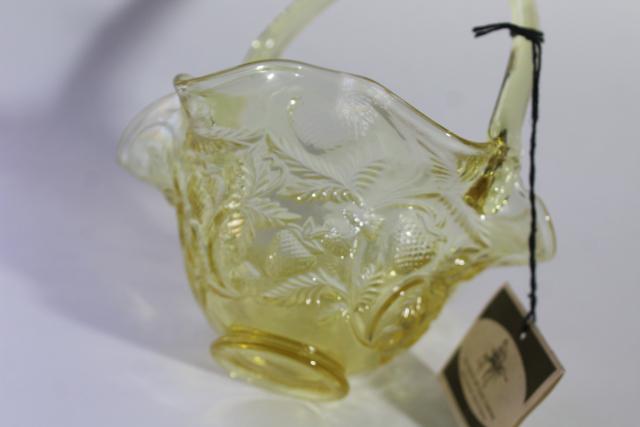 photo of vintage Fenton glass strawberry basket, wild strawberries pattern topaz yellow colored glass #2