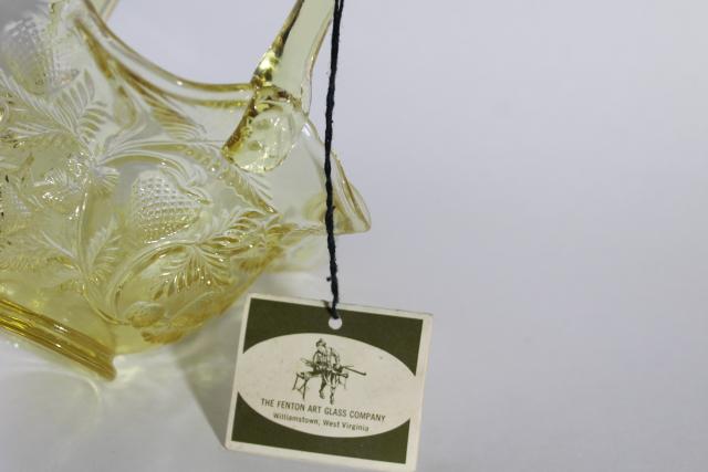 photo of vintage Fenton glass strawberry basket, wild strawberries pattern topaz yellow colored glass #3