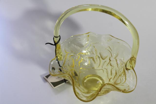 photo of vintage Fenton glass strawberry basket, wild strawberries pattern topaz yellow colored glass #4