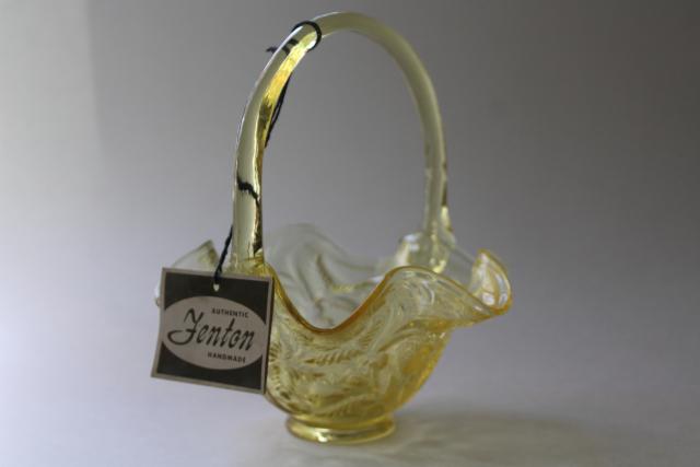 photo of vintage Fenton glass strawberry basket, wild strawberries pattern topaz yellow colored glass #8