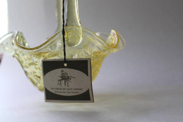photo of vintage Fenton glass strawberry basket, wild strawberries pattern topaz yellow colored glass #9