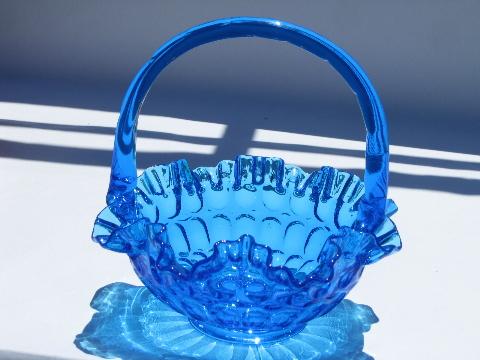 photo of vintage Fenton glass thumbprint pattern brides flower basket, aqua blue color #2