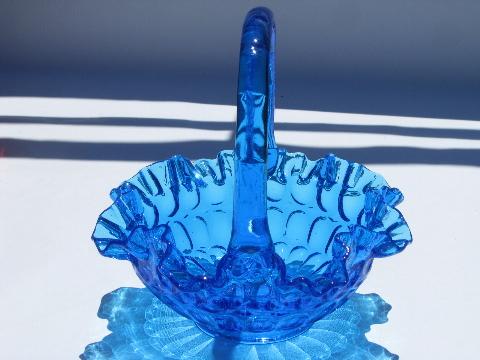 photo of vintage Fenton glass thumbprint pattern brides flower basket, aqua blue color #3