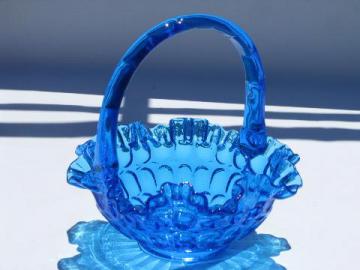 catalog photo of vintage Fenton glass thumbprint pattern brides flower basket, aqua blue color