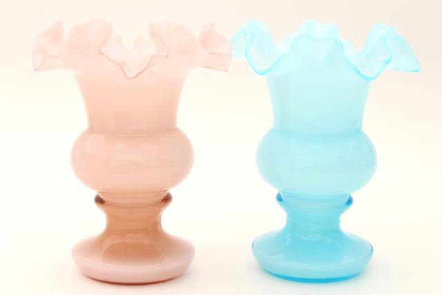 photo of vintage Fenton glass trophy vases, pair baby blue & pink overlay cased glass #2