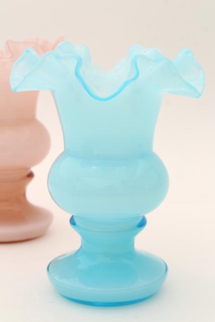 photo of vintage Fenton glass trophy vases, pair baby blue & pink overlay cased glass #3