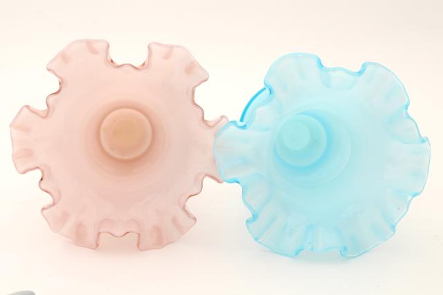 photo of vintage Fenton glass trophy vases, pair baby blue & pink overlay cased glass #5