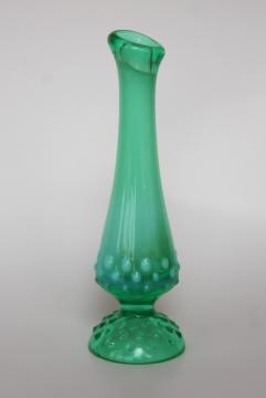 catalog photo of vintage Fenton green opalescent glass hobnail pattern bud vase