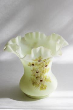 catalog photo of vintage Fenton hand painted daisies on yellow custard satin glass crimped vase