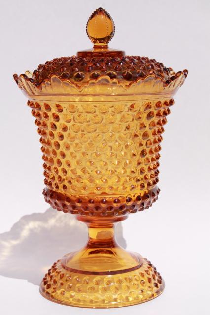 photo of vintage Fenton hobnail amber glass canister, large apothecary jar w/ lid #1