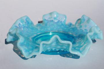 catalog photo of vintage Fenton hobnail blue opalescent glass bonbon, candy dish w/ crimped ruffle edge