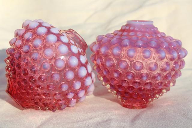 photo of vintage Fenton hobnail cranberry opalescent glass lamps font shape lamp base pair #1