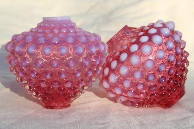 photo of vintage Fenton hobnail cranberry opalescent glass lamps font shape lamp base pair #2